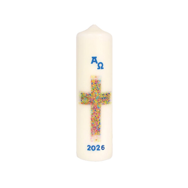 Ostertischkerze "Mosaik-Kreuz" mit Jahreszahl 220 x Ø 60 mm
