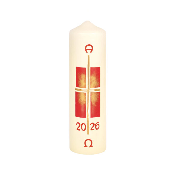 Ostertischkerze "Rot-goldener Sonnenaufgang mit Kreuz" 220 x Ø 60 mm