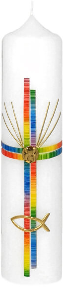 Taufkerze"Regenbogenkreuz" 26,5 x  Ø 6 cm