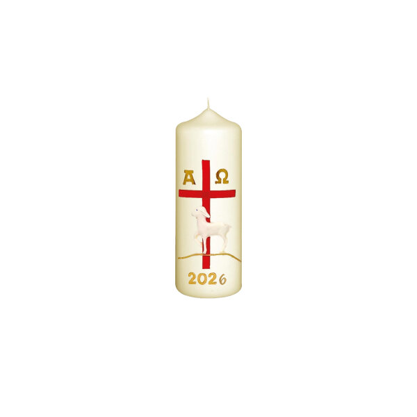 Osterkerze Kreuz rot, Lamm, A und O, Jahreszahl 14 x Ø 5 cm