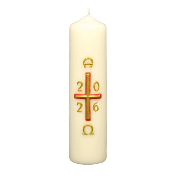 Osterkerze Kreuz rot-gold mit A und O, Jahreszahl 200 x Ø 50 mm