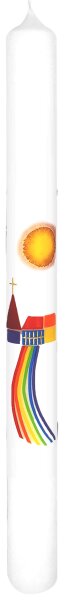 Kommunionkerze 40 x Ø 3,5 cm in Weiß "Kirche mit Regenbogenweg" und Namensverzierung