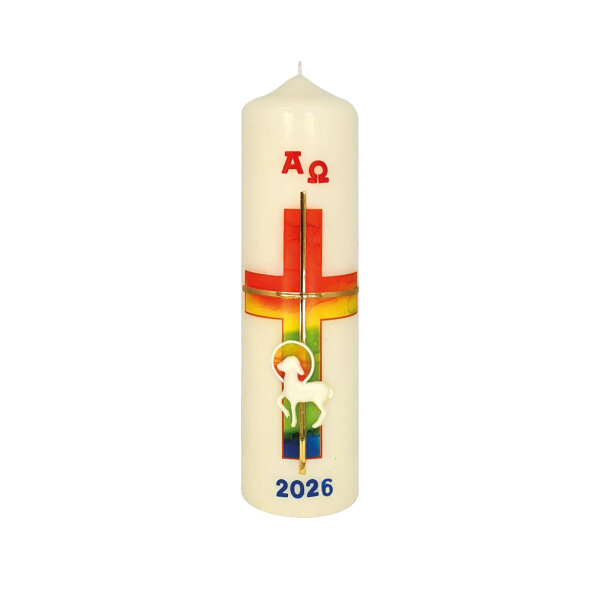 Osterkerze "Regenbogenkreuz, Lamm mit A und O" mit Jahreszahl 22 x Ø 6 cm